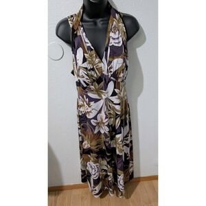 Connected Apparel Women Floral Halter Dress Size 8P Brown Purple Stretch‎ Lined
